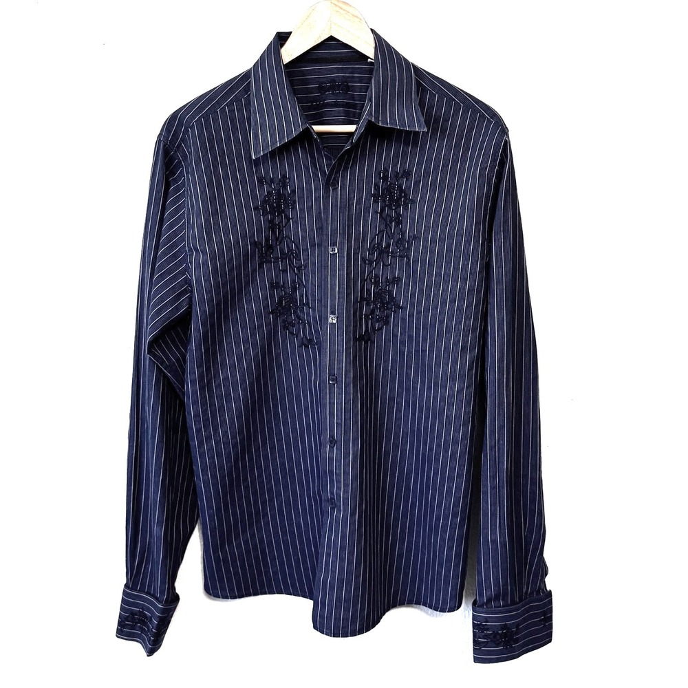 191 Unlimited Mens L Navy Blue Pinstripe Embroidered Floral Button Shirt Cotton